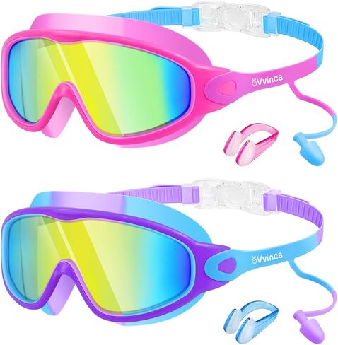 Vvinca Swim Goggles, Kids Goggles with Earplugs& Nose Clip Wide View Anti-Fog/UV Swimming Goggles for Age 3-15 Boys Girls in Kuwait