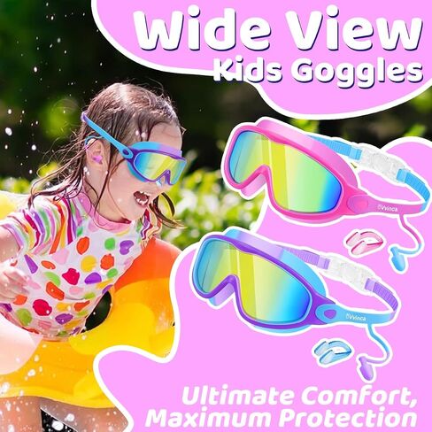 Vvinca Swim Goggles, Kids Goggles with Earplugs& Nose Clip Wide View Anti-Fog/UV Swimming Goggles for Age 3-15 Boys Girls in Kuwait