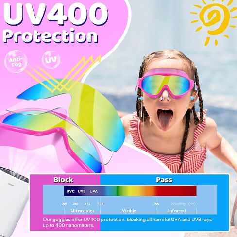Vvinca Swim Goggles, Kids Goggles with Earplugs& Nose Clip Wide View Anti-Fog/UV Swimming Goggles for Age 3-15 Boys Girls in Kuwait