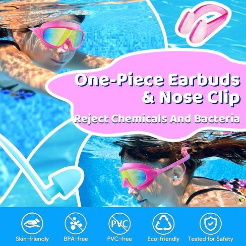 Vvinca Swim Goggles, Kids Goggles with Earplugs& Nose Clip Wide View Anti-Fog/UV Swimming Goggles for Age 3-15 Boys Girls in Kuwait