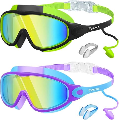 Vvinca Swim Goggles, Kids Goggles with Earplugs& Nose Clip Wide View Anti-Fog/UV Swimming Goggles for Age 3-15 Boys Girls in Kuwait