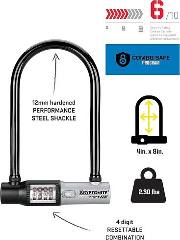 قفل كريبتونيت على شكل حرف U، تكبل من الفولاذ الكربوني المقوى 12 مم، مجموعة قابلة لإعادة الضبط مكونة من 4 أرقام، أسود in Kuwait