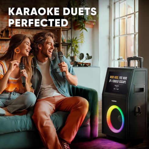 آلة كاريوكي احترافية من MASINGO مع شاشة عرض كلمات + 2 ميكروفونات لاسلكية، مكبر صوت PA محمول يعمل بالبلوتوث مع جهاز لوحي مدمج مقاس 15 بوصة وواي فاي - أفضل هدية للبالغين والأطفال - موديل X8 2021 in Kuwait