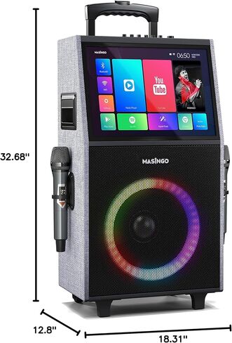 آلة كاريوكي احترافية من MASINGO مع شاشة عرض كلمات + 2 ميكروفونات لاسلكية، مكبر صوت PA محمول يعمل بالبلوتوث مع جهاز لوحي مدمج مقاس 15 بوصة وواي فاي - أفضل هدية للبالغين والأطفال - موديل X8 2021 in Kuwait