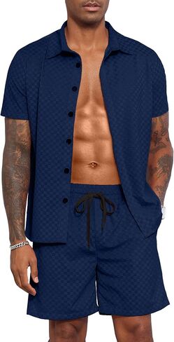 uoua mens velor tracksuit 2 قطعة زر قصيرة الأكمام زر أسفل القميص ومجموعات قصيرة التعرق غير الرسمي in Saudi Arabia