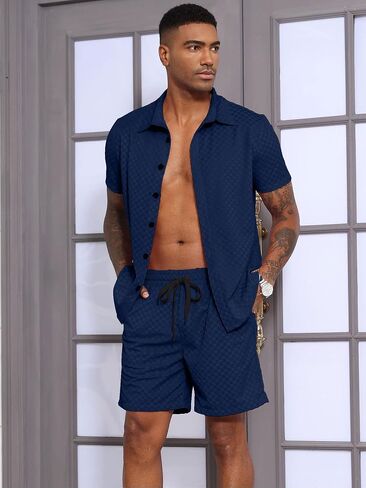 uoua mens velor tracksuit 2 قطعة زر قصيرة الأكمام زر أسفل القميص ومجموعات قصيرة التعرق غير الرسمي in Saudi Arabia