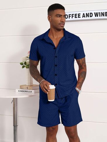 uoua mens velor tracksuit 2 قطعة زر قصيرة الأكمام زر أسفل القميص ومجموعات قصيرة التعرق غير الرسمي in Saudi Arabia