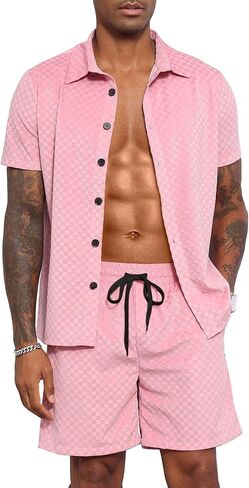 uoua mens velor tracksuit 2 قطعة زر قصيرة الأكمام زر أسفل القميص ومجموعات قصيرة التعرق غير الرسمي in Saudi Arabia