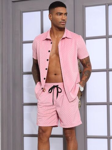 uoua mens velor tracksuit 2 قطعة زر قصيرة الأكمام زر أسفل القميص ومجموعات قصيرة التعرق غير الرسمي in Saudi Arabia