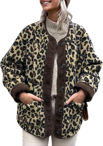 Flygo Women's Leopard Fuzzy Sherpa Fleece Jacket Casual Corduroy Patchwork Long Sleeve Button Down Coat Outerwear with Pocket in Kuwait