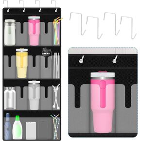 SelfTek Water Bottle Organizer, 16 Pockets Large Capacity Cup Organizer for Stanley 40oz Tumbler, Foldable Hanging Cup Holder with Straw Pocket, Cup Storage Organizer for Door Kitchen Cabinet Bedroom