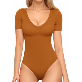MANGOPOP Deep V Neck Bodysuits for Women Short Sleeve Body Suits Sexy Going Out Tops (Camel, Large)