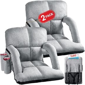 Wide Stadium Seats with Back Support, 2 Pack Bleacher Chairs with Comfy Cushion, 6 Reclining Positions, Portable Stadium Chair Bleacher Seat with Armrests for Sport Events, Camping, Beaches (Black)