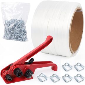 Woven-Cord-Banding-Strapping-Kit - Poly Strapping Kit Pallet Packaging Banding Tool Strapping Tool Strapping Tensioner, Band Roll 3/4"*328Ft, 100pcs Steel Buckles, Reusable Flexbale Package