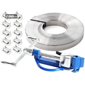 Steel Banding Strapping Kit - Stainless Band Strap Tool - Screw-Type Tensioner&Cutter&Crimper, 3/4" & 100 Ft S304 Coil, 100pcs Buckles, High Tensile Heavy-Duty Metal Packing