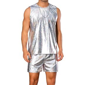 Lars Amadeus Holographic Tank Top and Shorts Set for Men's Party Disco Metallic 2 Pieces Outfits