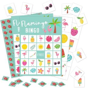 24 لاعبًا بطاقات ألعاب Flamingo Bingo Bingo ، لعبة Hawaiian Bingo للمجموعة الكبيرة ، نشاط لعبة Bingo Tropical Summer Party Bingo لـ Family Friend Holiday -09
