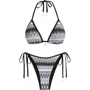 ZAFUL Women's Colorblock Stripes Triangle Halter Tied Cheeky Thong Bikini Set High Cut Two Piece Bathing Suit