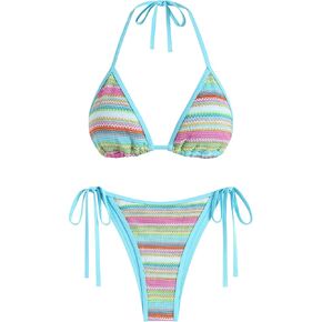 ZAFUL Women's Colorblock Stripes Triangle Halter Tied Cheeky Thong Bikini Set High Cut Two Piece Bathing Suit