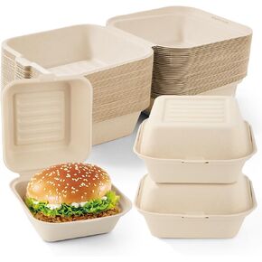 60 Pack Disposable To-Go Food Containers, 6 x 6 Inches Compostable Clamshell Take Out Food Containers To-Go Food Boxes for Sandwiches,Hamburger,Cake