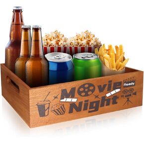 Movie Night Snack Tray with Handles, Reusable Movie Night Snack Trays Basket Box Organizer Supplies for Countertop Storage, Wooden Movie Theater Theme Snack Party Box Basket Tray for Home