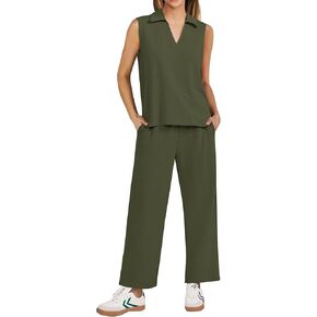 PINSPARK Two Piece Sets for Women Sleeveless Outfits Travel Tracksuit V Neck Top Wide Leg Pant Lounge Sets 2025 Summer