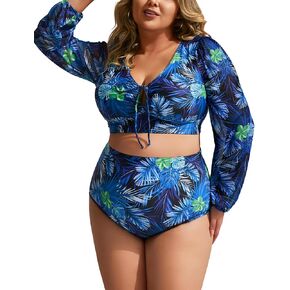 Hanna Nikole Women's Plus Size High Waist Bikini Set Tummy Control Swimsuits Long Sleeve Two Piece Swimsuit