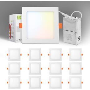 ASD LED Square Recessed Lighting 6 Inch - 2700K/3000K/3500K/4000K/5000K, 15W 60W Eqv - Ultra Thin Dimmable Ceiling Lights with J Box, Canless Wafer Downlight - Slim Panel Light, UL Energy Star 12 Pack