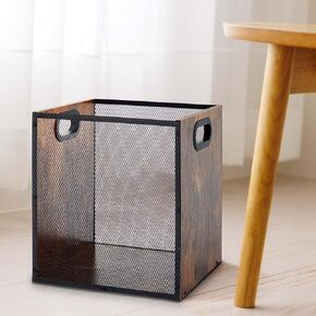Small Trash Can Farmhouse Wooden Wastebasket with Iron Mesh Rectangular Retro Garbage Cans with Handles for Home Office Living Room Bathroom Dorm，11.81 x 11.02 x 9.84 Inch，3.5 Gallon