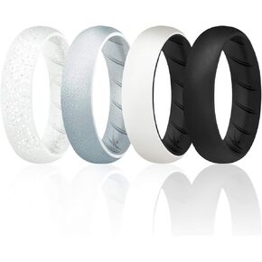 ROQ Silicone Rubber Wedding Ring for Women, Rubber Silicone Wedding Band, Bridal Jewelry Set, Anniversary Rings, Promise Ring, 5.5mm Wide 2mm Thick, 4 Pack, Black, White, Silver, Size 8
