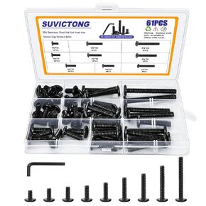 61Pcs M6 Flat Head Hex Socket Cap Screws Assortment Kit, M6 x 12mm/15mm/20mm/25mm/30mm/35mm/40mm/50mm/60mm Socket Cap Bolts,304 Stainless Steel 18-8, Full Thread, Black Oxide with Hex Spanner