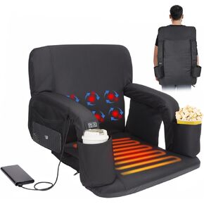 CAMULAND Heated Massage Stadium Seat with Back Support – Reclining, Foldable Bleacher Chair with Upgraded 3 Heat Massage Levels,Shoulder Straps & Thick Cushioning