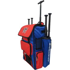 No Mercy Baseball 4 Bat Bag with Heavy-Duty Rolling Wheels for Travel Games and Practice Play, Youth and Adult Equipment Storage Tote for Balls, Gloves, Accessories (Blue/Red)