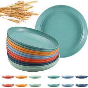 12 Pcs Unbreakable Deep Dinner Plates Set, 10 inch Wheat Straw Plates, Reusable Plastic Plates, Microwave and Dishwasher Safe Plates for Kitchen, Lightweight Plates for Dessert, BPA Free, 6 Colors