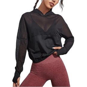 SweatyRocks Women's Activewear Long Sleeve Hooded Sweatshirt Sheer Mesh Running Workout Sports Sweatshirt Top