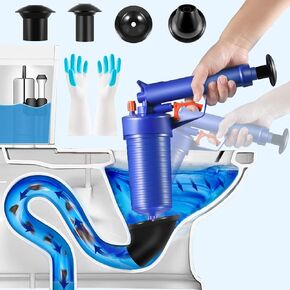 Powerful Toilet Plunger, High Pressure Air Drain Blaster Gun, Drain Clog Remover Tool with 4 Sized Suckers, Pipe Dredging Tools, Sink Plunger for Toilet Bathroom Tub Floor Drain Clogged Kitchen Pipe