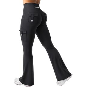 YEOREO Women Workout Flare Leggings with Pockets Hidden Scrunch Hedda High Waisted Cargo Gym Yoga 32" Bootcut Leggings