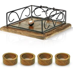 Flat Napkin Holder for Table with 4ring napkins- Farmhouse Napkins Holder for Cafe with Weighted Arm- Wooden Weighted Napkin Holder for Kitchen Countertop- Dining Table- Picnic Table (Wooden)