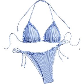 Verdusa Women's 2 Piece Striped Halter Bikini Swimsuits Ruffled Self Tied Thong Bathing Suit