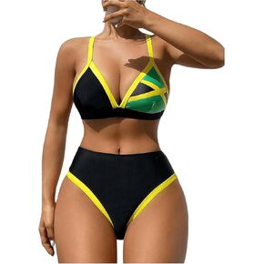 GORGLITTER Women's Triangle Jamaica Swimsuits Colorblock High Waisted Bikini High Cut Thong Bathing Suit