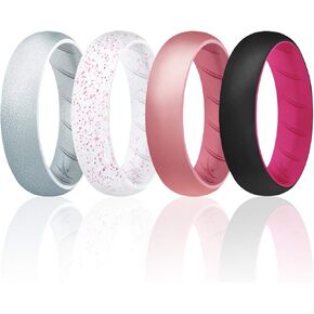 ROQ Silicone Rings for Women, Breathable Silicone Rings, Sets of 4 Bands, Unique Silicone Wedding Ring for Women, Medical Grade Silicone Rubber Band - Metal Pink, Silver, Black Colors - Size 8