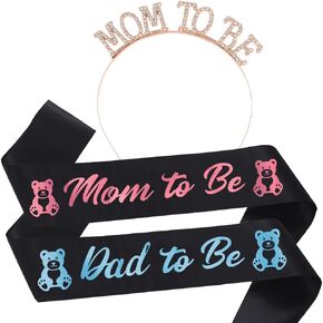Mom To Be & Dad To Be Baby Shower Sash Black and CROWN, Baby Shower Party Gifts for New Mom Dad Gender Reveal Supplies Decorations Favors, Pregnancy Props Keepsake Bear Theme