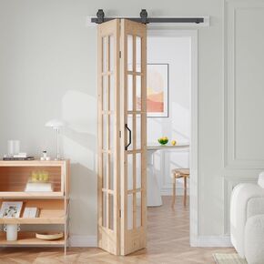 Easelife 36 x 84 in (Double 18x84 inch) Preassembled Bi-fold barn Door,Sliding Folding Barn Wood Doors with Hardware Track kit Included,Tempered Glass, 3.3ft Bifold Rail for 2 Doors