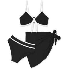 Girls Swimsuit Bikini Set and Cover Up Skirt 3PCS Bathing Suit Removable Knot Dual-Use Girls Swimsuits Size 7-16