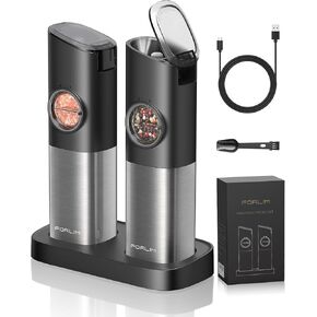 FORLIM Gravity Electric Salt and Pepper Grinder Set, Upgraded Large Capacity, USB Rechargeable Automatic One Hand Operated, Adjustable Coarseness, Auto Dust Lid, LED Light(Stain Steel Grey)