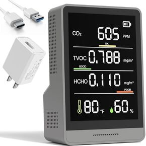 Indoor Air Quality Monitor Protable Co2 Meter Temperature/Humidity/TVOC/Co2/Formaldehyde Detector Battery Powered LED Display for Confined Space Cleaning