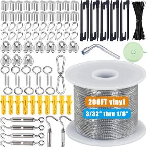 1/8'' Steel Wire Rope Kit, 200FT Vinyl Coated Stainless Steel Cable with Turnbuckles, Heavy-Duty Wire Cable for Outdoor, Garden, Kitchen, Craft with Turnbuckle