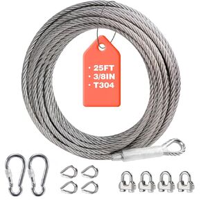 3/8" Stainless Steel Wire Rope, 304 Stainless Steel Cable with Loop, 12000 lbs Breaking Strength 25ft Wire Rope with Clips and Thimbles for Boat Lifts, Zipline, Aircraft, Winch, Decking