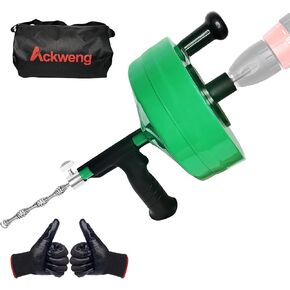 Drain Snake 50 Ft, Plumbing Snake for Sink with Drill Attachment, Snake Drain Clog Remover for Shower Drain and Sink, Manual or Powered Use, Comes with Gloves and Storage Bag, 1/4 Inch, Green
