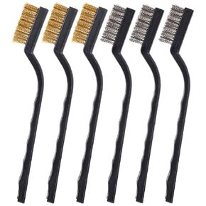 6 Pieces Scratch Brush (Brass Brush + Stainless Steel Brush) Curved Handle Masonry Brush Wire Bristle Mini Wire Brush Set for Cleaning Welding Slag and Rust